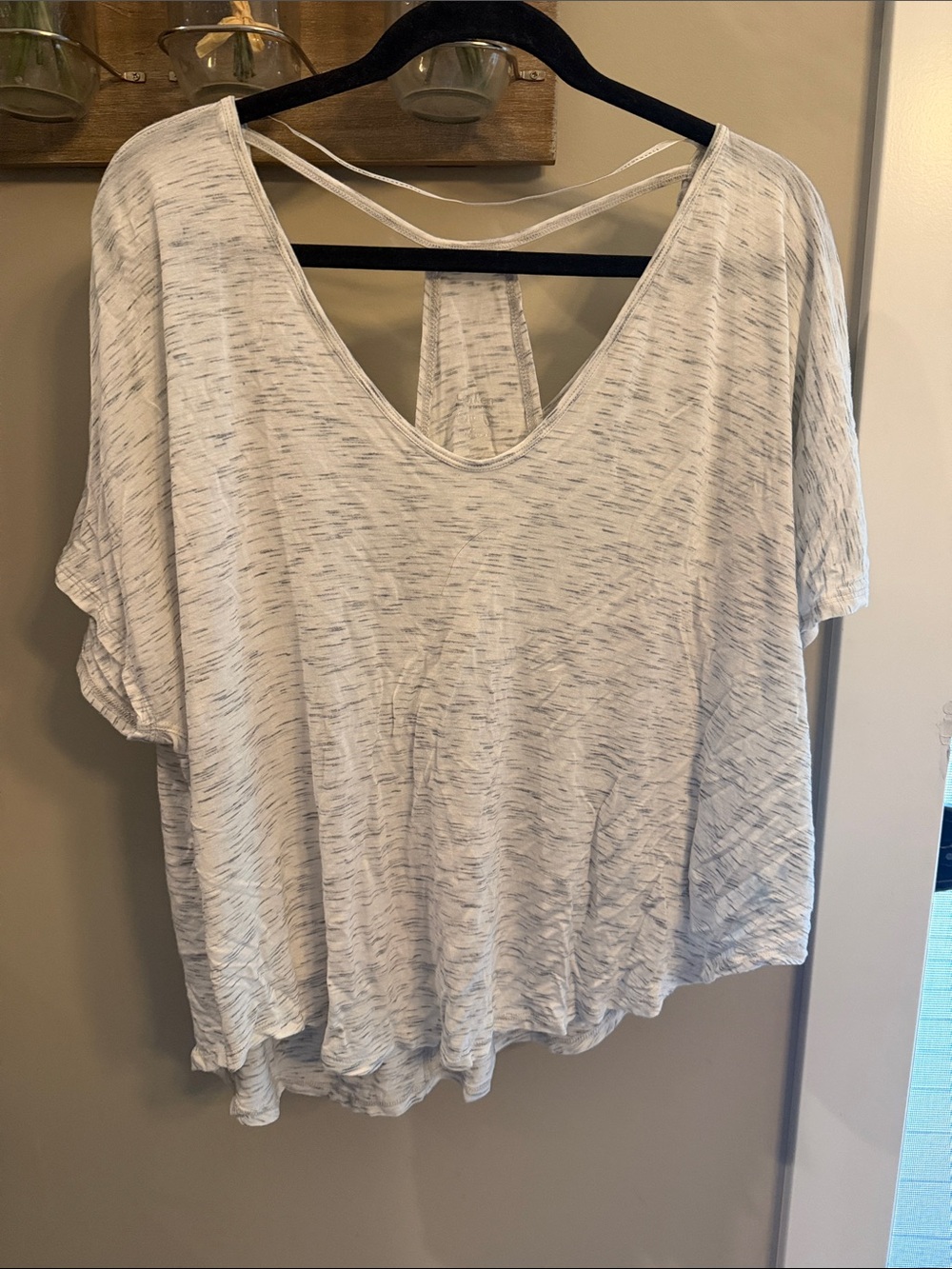 Calvin Klein Performance Heathered White Short Sleeve V-Neck Top with Back Strap